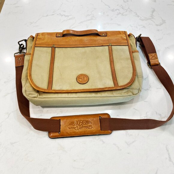 Straight Down Messenger Shoulder BagBriefcase Tan Leather Trimmed Canvas Vntge